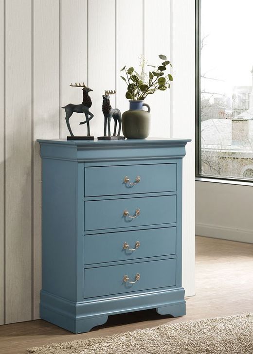 The appearance of Louis Phillipe 4 Drawer Chest (Blue) designed by Glory in the traditional interior design. This blue piece of furniture  was selected by 1StopBedrooms from Louis Phillipe Collection to add a touch of cosiness and style into your home. Sku: G3180-BC-4 Drawer Chest. Material: Wood. Product Type: Chest. Image1