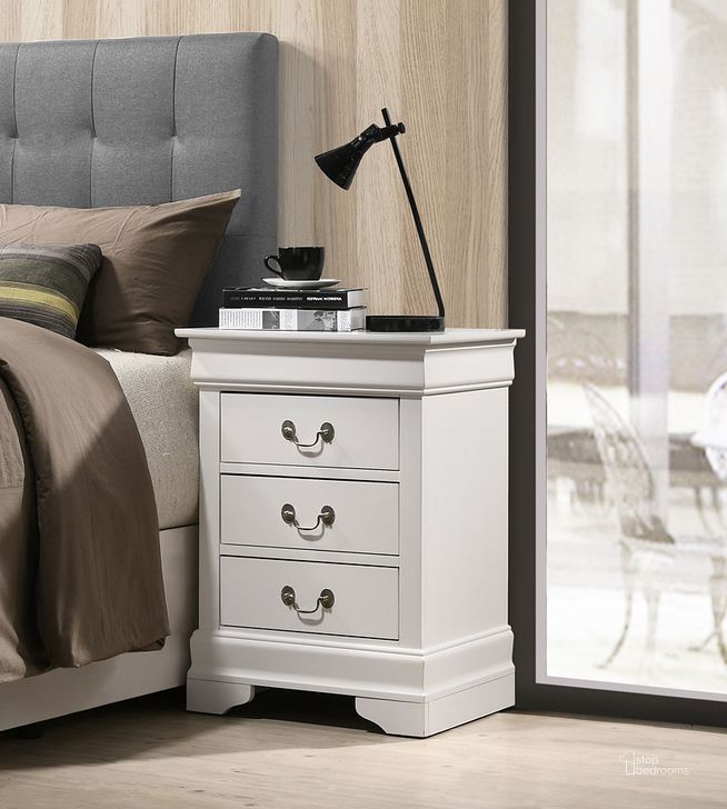 The appearance of Louis Phillipe 3 Drawer Nightstand (White) designed by Glory in the traditional interior design. This white piece of furniture  was selected by 1StopBedrooms from Louis Phillipe Collection to add a touch of cosiness and style into your home. Sku: G3190-3N-3 Drawer Nightstand. Material: Wood. Product Type: Nightstand. Image1