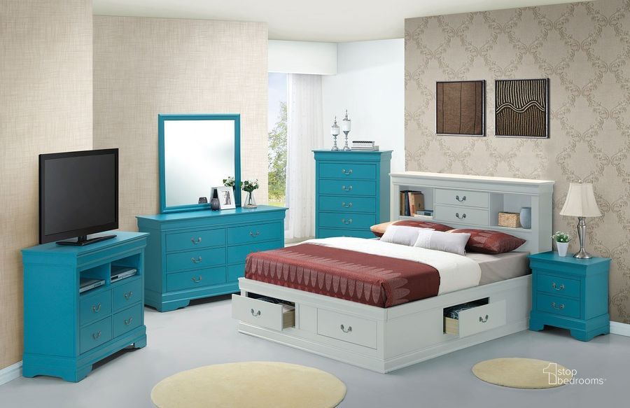 The appearance of G3180 Bedroom Set w/ White Bookcase Storage Bed designed by Glory in the traditional interior design. This teal piece of furniture  was selected by 1StopBedrooms from G3180 Collection to add a touch of cosiness and style into your home. Sku: G3190B-QSB-Queen Storage Bed  Headboard;G3190B-QSB-Queen Storage Bed  Footboard;G3190B-QSB-Queen Storage Bed  Rails;G3190B-QSB-Queen Storage Bed  Drawers for Rails;G3190B-QSB-Queen Storage Bed  Drawers for Footboard;G3180-3N-3 Drawer Nightstand. Material: Wood. Product Type: Storage Bed. Bed Size: Queen. Image1