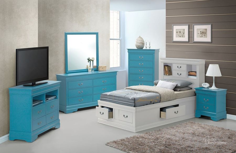 The appearance of G3180 Youth Bedroom Set w/ White Bookcase Storage Bed designed by Glory in the traditional interior design. This teal piece of furniture  was selected by 1StopBedrooms from G3180 Collection to add a touch of cosiness and style into your home. Sku: G3190B-TSB-Twin Storage Bed  Headboard;G3190B-TSB-Twin Storage Bed  Footboard;G3190B-TSB-Twin Storage Bed  Rails;G3190B-TSB-Twin Storage Bed  Drawers for Rails;G3190B-TSB-Twin Storage Bed  Drawers for Footboard;G3180-3N-3 Drawer Nightstand. Material: Wood. Product Type: Storage Bed. Bed Size: Twin. Image1