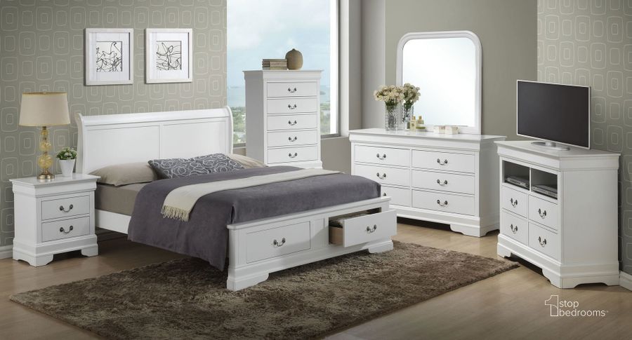 The appearance of G3190 Sleigh Storage Bedroom Set designed by Glory in the traditional interior design. This white piece of furniture  was selected by 1StopBedrooms from G3190 Collection to add a touch of cosiness and style into your home. Sku: G3190D-QSB2-Queen  Bed  Headboard;G3190D-QSB2-Queen  Bed  Footboard;G3190D-QSB2-Queen Bed  Rails;G3190D-QSB2-Queen Bed  Footboard Drawers;G3190-N-Nightstand. Material: Wood. Product Type: Storage Bed. Bed Size: Queen. Image1