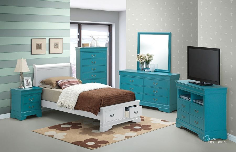 The appearance of G3180 Youth Bedroom Set w/ White Sleigh Storage Bed designed by Glory in the traditional interior design. This teal piece of furniture  was selected by 1StopBedrooms from G3180 Collection to add a touch of cosiness and style into your home. Sku: G3190D-TSB2-Twin Bed  Headboard;G3190D-TSB2-Twin Bed  Footboard;G3190D-TSB2-Twin Bed  Rails;G3190D-TSB2-Twin Bed  Footboard Drawers;G3180-3N-3 Drawer Nightstand. Material: Wood. Product Type: Storage Bed. Bed Size: Twin. Image1