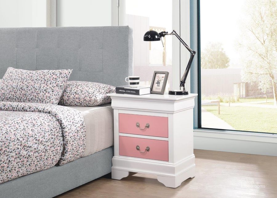The appearance of Glory Furniture Louis Phillipe Nightstand, Pink designed by Glory in the traditional interior design. This pink and white piece of furniture  was selected by 1StopBedrooms from Louis Phillipe Collection to add a touch of cosiness and style into your home. Sku: G3193-N-Nightstand. Material: Wood. Product Type: Nightstand. Image1