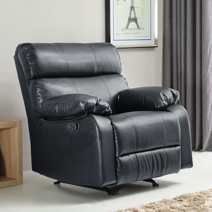 The appearance of G533 Rocker Recliner (Black) designed by Glory in the modern / contemporary interior design. This black piece of furniture  was selected by 1StopBedrooms from G53 Collection to add a touch of cosiness and style into your home. Sku: G533-RC-ROCKER RECLINER. Material: Faux Leather. Product Type: Rocker Recliner. Image1