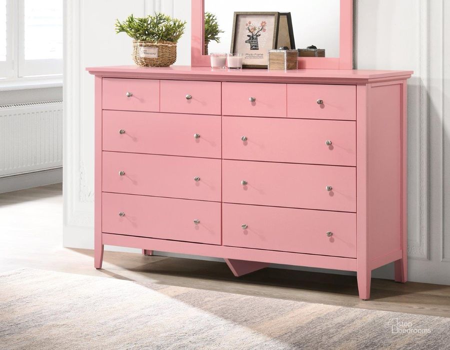 The appearance of Glory Furniture Hammond Dresser, Pink designed by Glory in the transitional interior design. This pink piece of furniture  was selected by 1StopBedrooms from Hammond Collection to add a touch of cosiness and style into your home. Sku: G5404-D-8 Drawer Dresser. Material: Wood. Product Type: Dresser. Image1