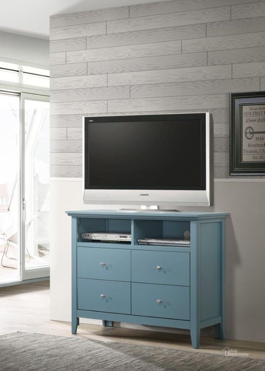 The appearance of Glory Furniture Hammond Media Chest, Blue designed by Glory in the transitional interior design. This blue piece of furniture  was selected by 1StopBedrooms from Hammond Collection to add a touch of cosiness and style into your home. Sku: G5480-TV-4 Drawer Media Chest. Material: Wood. Product Type: Media Chest. Image1