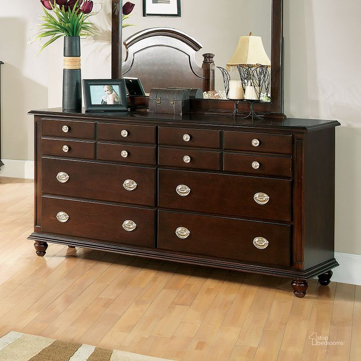 The appearance of G5950 Dresser designed by Glory in the traditional interior design. This cappuccino piece of furniture  was selected by 1StopBedrooms from G5950 Collection to add a touch of cosiness and style into your home. Sku: G5950-D-Dresser. Material: Wood. Product Type: Dresser. Image1