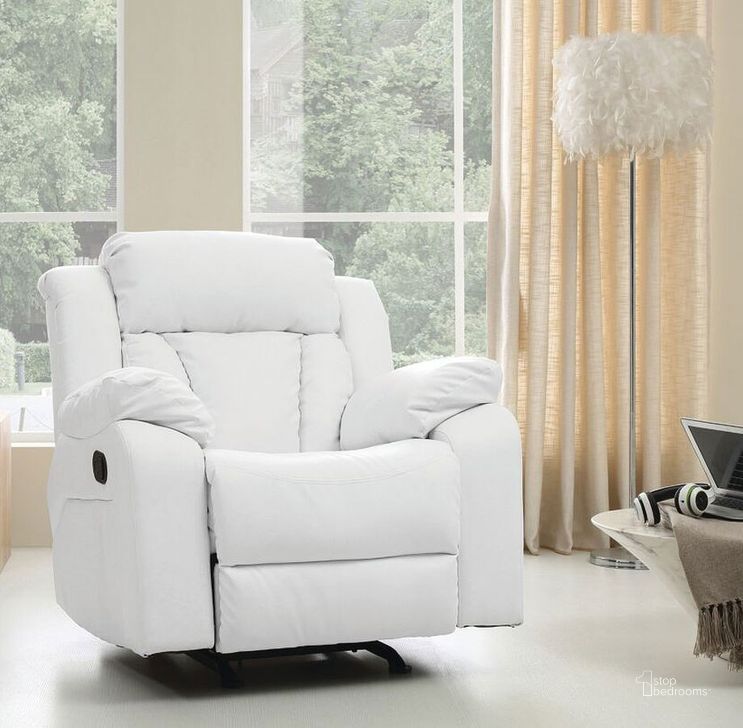 The appearance of G682 Rocker Recliner (White) designed by Glory in the modern / contemporary interior design. This white piece of furniture  was selected by 1StopBedrooms from G68 Collection to add a touch of cosiness and style into your home. Sku: G682-RC-Rocker Recliner. Material: Faux Leather. Product Type: Recliners and Rocker. Image1
