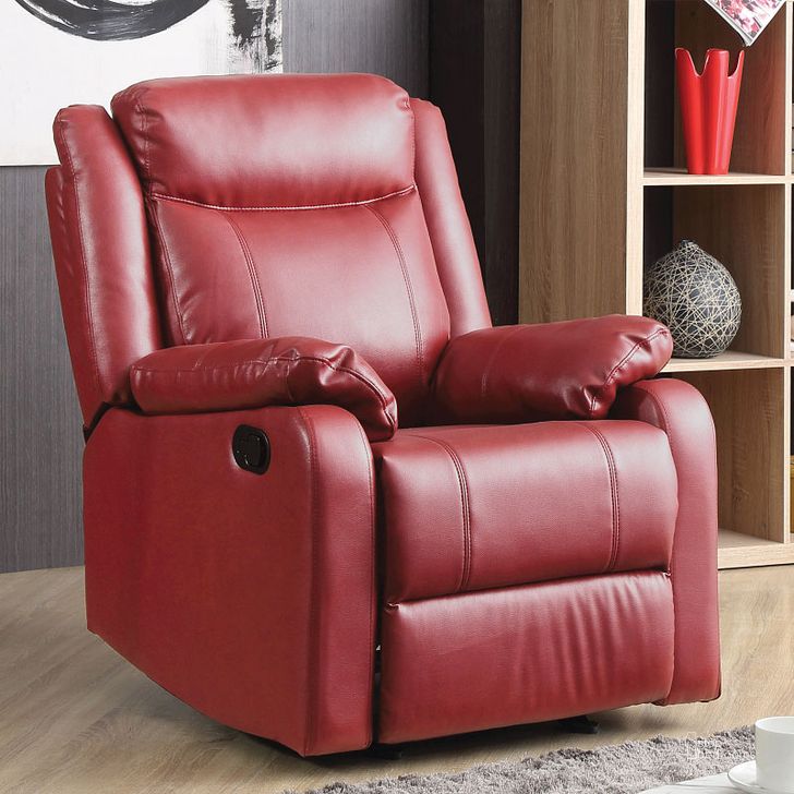 The appearance of G765 Rocker Recliner (Red) designed by Glory in the modern / contemporary interior design. This red piece of furniture  was selected by 1StopBedrooms from G76 Collection to add a touch of cosiness and style into your home. Sku: G765A-RC-Rocker Recliner. Material: Faux Leather. Product Type: Rocker Recliner. Image1