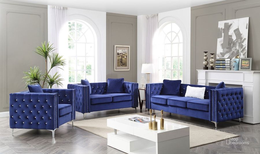 The appearance of Paige Living Room Set (Blue) designed by Glory in the transitional interior design. This blue piece of furniture  was selected by 1StopBedrooms from Paige Collection to add a touch of cosiness and style into your home. Sku: G829A-S-SOFA SEAT, FRONT RAILS, CUSHION SEAT;G829A-S-SOFA ARMS, BACK, LEG AND HARDWARE;G829A-L-BACK, CUSHION, SEAT, LEG, HARDWARE AND FRONT RAILS;G829A-L-Loveseat Arms. Material: Fabric. Product Type: Living Room Set. Image1