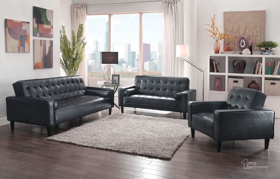 The appearance of G843A Living Room Set (Black) designed by Glory in the modern / contemporary interior design. This black piece of furniture  was selected by 1StopBedrooms from G84 Collection to add a touch of cosiness and style into your home. Sku: G843A-S-Sofa Bed;G843A-L-Loveseat Bed Base;G843A-L-Loveseat Bed Arms. Material: Faux Leather. Product Type: Living Room Set. Image1