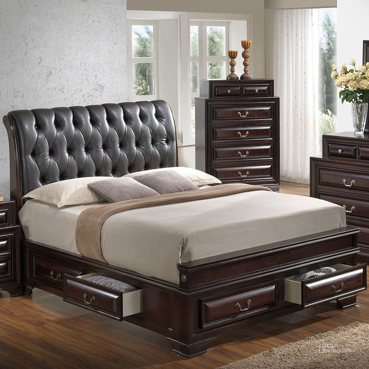 The appearance of LaVita Sleigh Storage Bed (Queen) designed by Glory in the traditional interior design. This cappuccino piece of furniture  was selected by 1StopBedrooms from Lavita Collection to add a touch of cosiness and style into your home. Sku: G8875E-QB5-Queen Bed  HDBD;G8875E-QB5-Queen Storage Bed  FTBD;G8875E-QB5-Queen Storage Bed  Rails;G8875E-QB5-Queen Storage Bed  Drawers for Rails;G8875E-QB5-Queen Storage Bed  Drawers for Rails;G8875E-QB5-Queen Storage Bed  Drawers for FTBD. Bed Type: Storage Bed. Material: Wood. Product Type: Storage Bed. Bed Size: Queen.