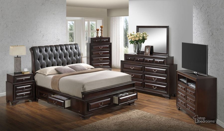 The appearance of LaVita Sleigh Storage Bedroom Set designed by Glory in the traditional interior design. This cappuccino piece of furniture  was selected by 1StopBedrooms from Lavita Collection to add a touch of cosiness and style into your home. Sku: G8875E-FB5-Full  Bed  Headboard;G8875E-FB5-Full Storage Bed  Footboard;G8875E-FB5-Full Storage Bed  Rails;G8875E-FB5-Full Storage Bed  Drawers for Rails;G8875E-FB5-Full Storage Bed  Drawers for Rails;G8875E-FB5-Full Storage Bed  Drawers for Footboard;G887. Material: Wood. Product Type: Storage Bed. Bed Size: Full. Image1