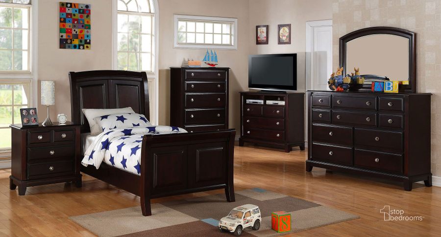 The appearance of G9800 Youth Sleigh Bedroom Set designed by Glory in the traditional interior design. This cappuccino piece of furniture  was selected by 1StopBedrooms from G9800 Collection to add a touch of cosiness and style into your home. Sku: G9800A-TB-Twin Bed  Headboard & Footboard;G9800A-TB-Twin Bed  Posts;G9800A-TB-Twin Bed  Rails;G9800-N-Nightstand. Material: Wood. Product Type: Sleigh Bed. Bed Size: Twin. Image1