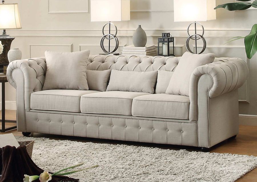 The appearance of Savonburg Natural Tone Sofa designed by Homelegance in the transitional interior design. This off white piece of furniture  was selected by 1StopBedrooms from Savonburg Collection to add a touch of cosiness and style into your home. Sku: 8427-3. Material: Polyester. Product Type: Sofa. Key Features: Tufted. Image1
