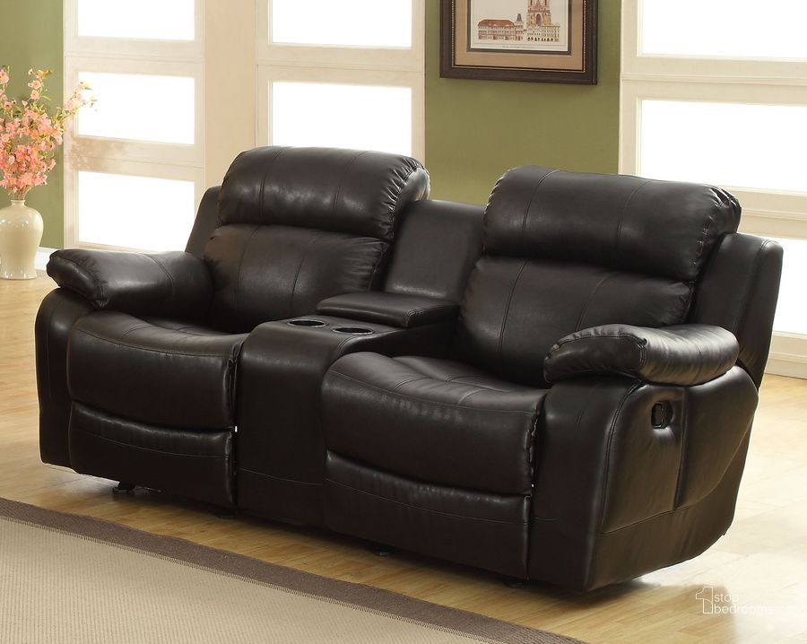 The appearance of Marille Black Double Glider Reclining Loveseat with Center Console designed by Homelegance in the modern / contemporary interior design. This black piece of furniture  was selected by 1StopBedrooms from Marille Collection to add a touch of cosiness and style into your home. Sku: 9724BLK-2. Material: Bonded Leather. Product Type: Reclining Loveseat. Key Features: Storage.