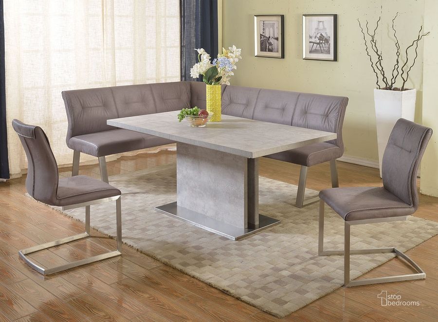 The appearance of Kalinda Dining Nook Set designed by Chintaly Imports in the modern / contemporary interior design. This grey piece of furniture  was selected by 1StopBedrooms from Kalinda Collection to add a touch of cosiness and style into your home. Sku: KALINDA-DT-T;KALINDA-DT-B;KALINDA-DT-M;KALINDA-NOOK. Table Base Style: Pedestal. Product Type: Dining Room Set. Table Top Shape: Rectangular. Material: Melamine. Size: 87". Image1