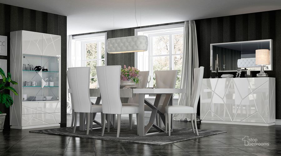 The appearance of Kiu Dining Room Set designed by ESF in the modern / contemporary interior design. This white high gloss piece of furniture  was selected by 1StopBedrooms from Kiu Collection to add a touch of cosiness and style into your home. Sku: KIUDININGTABLE;KIUSIDECHAIR. Table Base Style: Double Pedestal. Product Type: Dining Room Set. Material: MDF. Table Top Shape: Rectangular. Image1