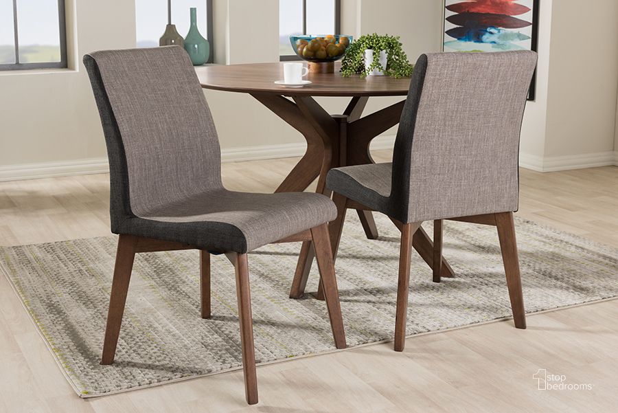 The appearance of Baxton Studio Kimberly Mid-Century Modern Beige And Brown Fabric Dining Chair (Set Of 2) designed by Baxton Studio in the transitional interior design. This walnut piece of furniture  was selected by 1StopBedrooms from Kimberly Collection to add a touch of cosiness and style into your home. Sku: Kimberly-Brown/Dark-Brown-DC. Material: Fabric. Product Type: Dining Chair. Image1
