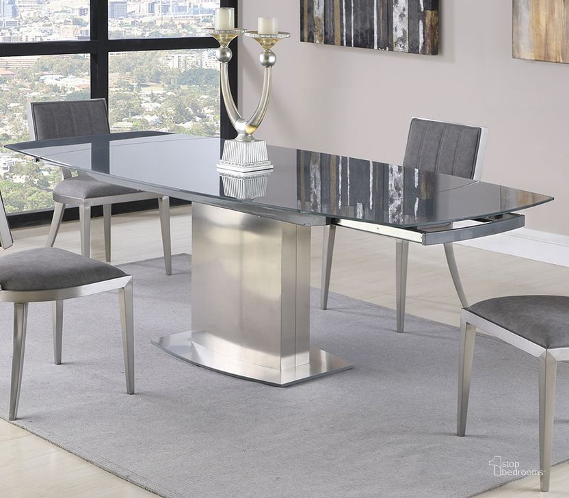 The appearance of Mavis Boat Shape Dining Table designed by Chintaly Imports in the modern / contemporary interior design. This stainless steel piece of furniture  was selected by 1StopBedrooms from Mavis Collection to add a touch of cosiness and style into your home. Sku: MAVIS-DT-T;MAVIS-DT-M;MAVIS-DT-B. Table Base Style: Pedestal. Product Type: Dining Table. Table Top Shape: Rectangular. Material: Metal/Glass. Size: 91". Image1