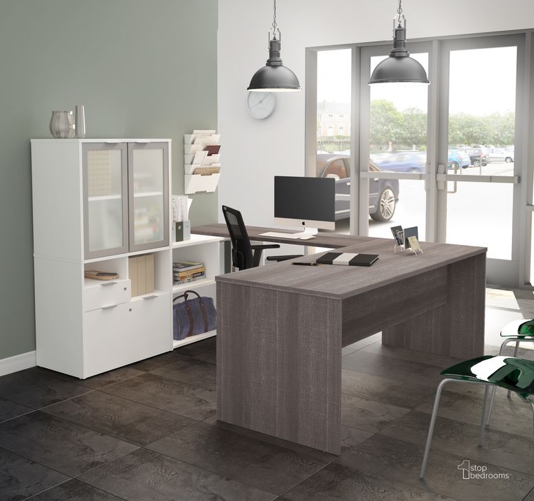 The appearance of I3 Plus U-Desk With Frosted Glass Door Hutch In Bark Gray and White designed by Bestar in the modern / contemporary interior design. This bark gray and white piece of furniture  was selected by 1StopBedrooms from I3 Plus Collection to add a touch of cosiness and style into your home. Sku: 160861-4717. Material: Wood. Product Type: Desk. Image1