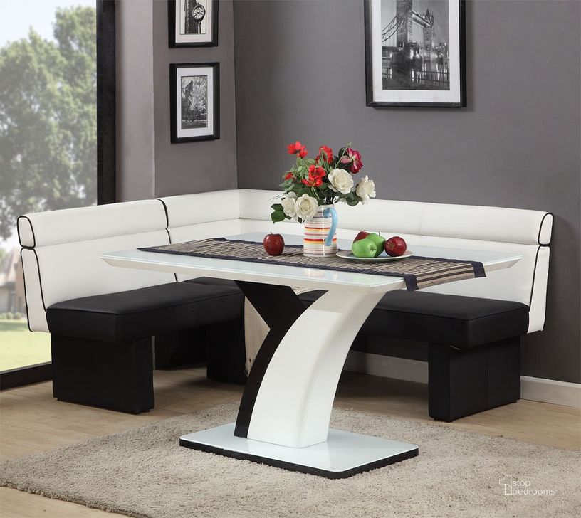 The appearance of Natasha Dining Nook Set designed by Chintaly Imports in the modern / contemporary interior design. This white and black piece of furniture  was selected by 1StopBedrooms from Natasha Collection to add a touch of cosiness and style into your home. Sku: NATASHA-DT-T;NATASHA-DT-M;NATASHA-DT-B;NATASHA-NOOK. Table Base Style: Trestle. Material: Wood. Product Type: Dining Room Set. Table Top Shape: Rectangular. Size: 51". Image1