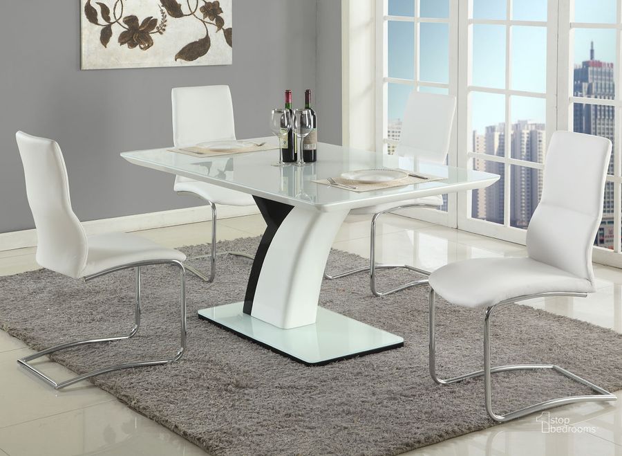The appearance of Natasha Dining Room Set w/ Piper Chairs designed by Chintaly Imports in the modern / contemporary interior design. This white and black piece of furniture  was selected by 1StopBedrooms from Natasha Collection to add a touch of cosiness and style into your home. Sku: NATASHA-DT-T;NATASHA-DT-M;NATASHA-DT-B;PIPER-SC-WHT. Table Base Style: Trestle. Material: Wood. Product Type: Dining Room Set. Table Top Shape: Rectangular. Image1