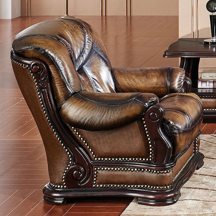 The appearance of Oakman Italian Leather Chair designed by ESF in the traditional interior design. This rich brown piece of furniture  was selected by 1StopBedrooms from Oakman Collection to add a touch of cosiness and style into your home. Sku: OAKMAN1. Material: Leather. Product Type: Living Room Chair. Image1