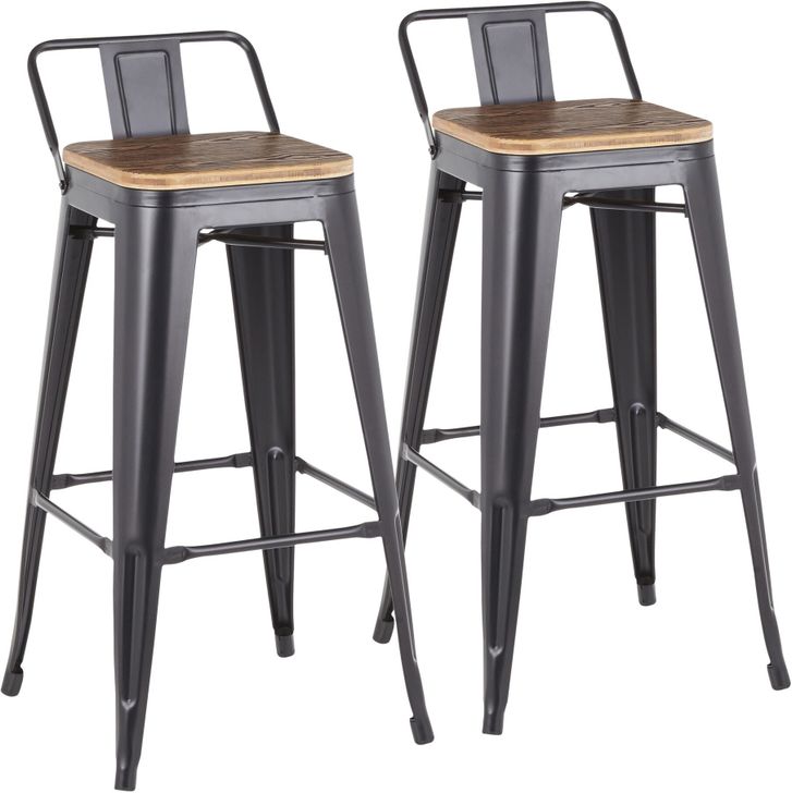 The appearance of Oregon Low Back Barstool in Black Metal and Wood-Pressed Grain Bamboo - Set of 2 designed by Lumisource in the industrial interior design. This black piece of furniture  was selected by 1StopBedrooms from Oregon Collection to add a touch of cosiness and style into your home. Sku: BS-LBOR BK2. Material: Glass. Product Type: Barstool. Image1