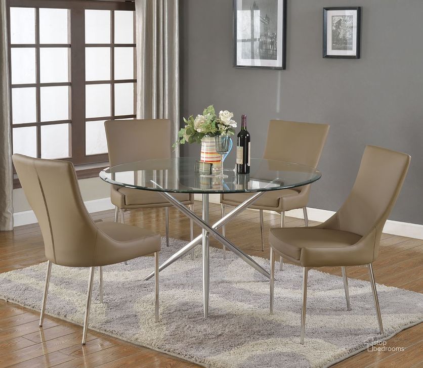 The appearance of Patricia Round Dining Room Set designed by Chintaly Imports in the modern / contemporary interior design. This brown piece of furniture  was selected by 1StopBedrooms from Paisley Collection to add a touch of cosiness and style into your home. Sku: PATRICIA-DT-T;PATRICIA-DT-B;PATRICIA-SC-BRW. Table Base Style: Trestle. Table Top Shape: Round. Product Type: Dining Room Set. Material: Metal/Glass. Size: 43". Image1