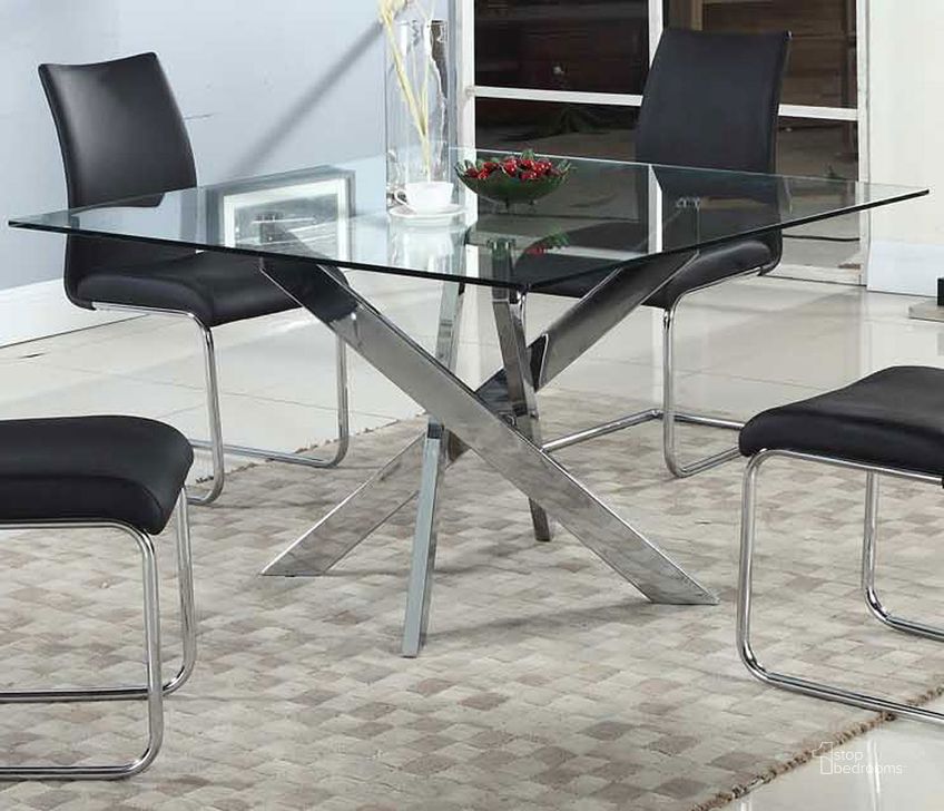 The appearance of Pixie Square Dining Table designed by Chintaly Imports in the modern / contemporary interior design. This clear piece of furniture  was selected by 1StopBedrooms from Pixie Collection to add a touch of cosiness and style into your home. Sku: PIXIE-DT-T;PIXIE-DT-B. Table Base Style: Trestle. Table Top Shape: Square. Product Type: Dining Table. Material: Metal/Glass. Image1