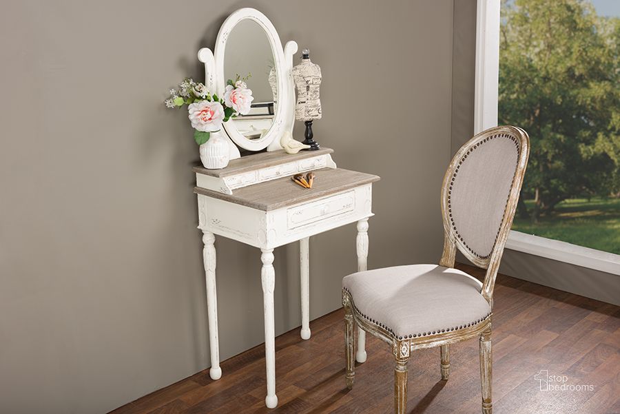 The appearance of Baxton Studio Anjou Traditional French Accent Dressing Table With Mirror designed by Baxton Studio in the traditional interior design. This white piece of furniture  was selected by 1StopBedrooms from Anjou Collection to add a touch of cosiness and style into your home. Sku: PLM5VM/M B-CA. Material: Wood. Product Type: Armoires and Wardrobe. Image1