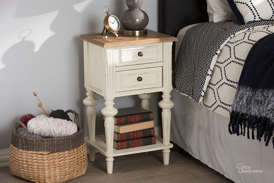 The appearance of Baxton Studio Marquetterie French Provincial Style Weathered Oak And White Wash Distressed Finish Wood Two-Tone 2-Drawer And 1-Shelf Nightstand designed by Baxton Studio in the transitional interior design. This white piece of furniture  was selected by 1StopBedrooms from Marquetterie Collection to add a touch of cosiness and style into your home. Sku: PRL8VM(AR)/M B. Material: Wood. Product Type: Nightstand. Image1