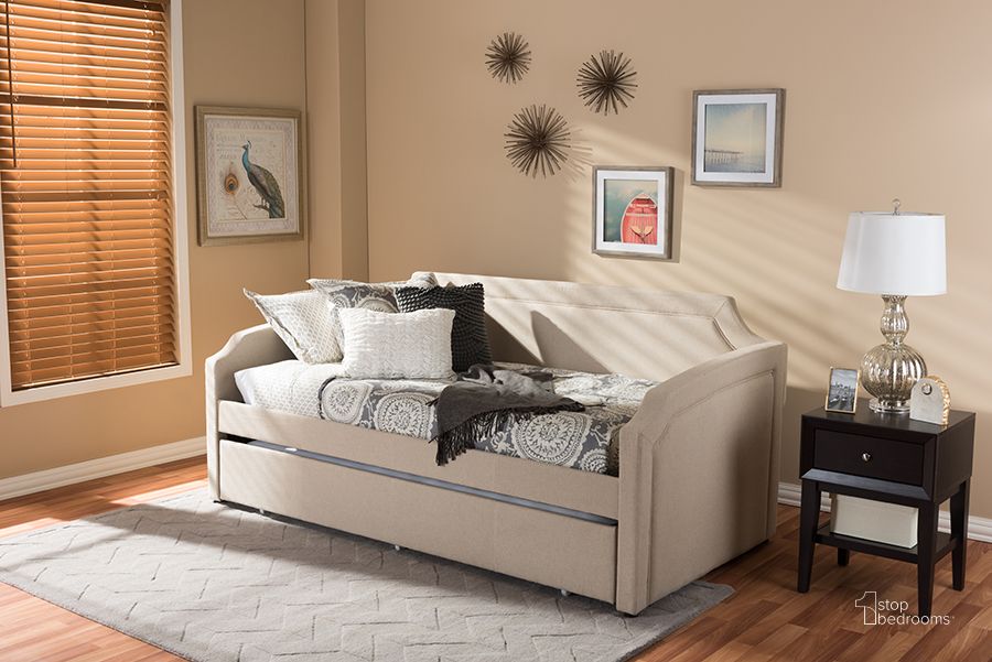 The appearance of Baxton Studio Parkson Modern And Contemporary Beige Linen Fabric Curved Notched Corners Sofa Twin Daybed With Roll-Out Trundle Guest Bed designed by Baxton Studio in the modern / contemporary interior design. This beige piece of furniture  was selected by 1StopBedrooms from Parkson Collection to add a touch of cosiness and style into your home. Sku: Parkson-Beige-Daybed. Bed Type: Daybed. Material: Fabric. Product Type: DayBed. Bed Size: Twin. Image1