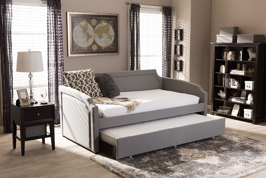 The appearance of Baxton Studio Parkson Modern And Contemporary Grey Fabric Curved Notched Corners Sofa Twin Daybed With Roll-Out Trundle Guest Bed designed by Baxton Studio in the modern / contemporary interior design. This grey piece of furniture  was selected by 1StopBedrooms from Parkson Collection to add a touch of cosiness and style into your home. Sku: Parkson-Grey-Daybed. Bed Type: Daybed. Material: Fabric. Product Type: DayBed. Bed Size: Twin. Image1