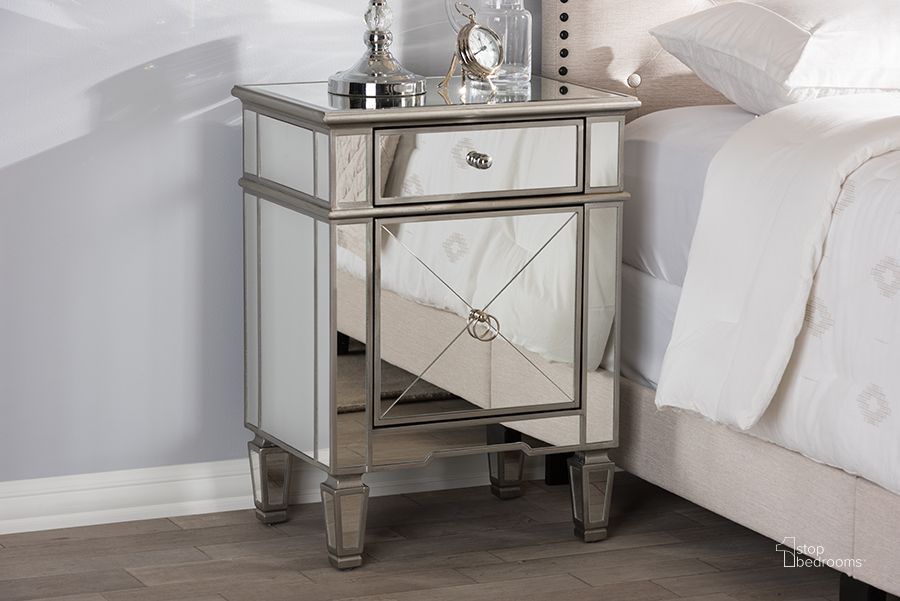 The appearance of Oreil Silver End Table designed by Sterling Designs in the glam interior design. This silver piece of furniture  was selected by 1StopBedrooms from Oreil Collection to add a touch of cosiness and style into your home. Sku: RS2403. Product Type: End Table. Material: MDF. Image1