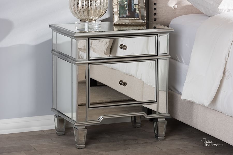 The appearance of Baxton Studio Sussie Hollywood Regency Glamour Style Mirrored 2-Drawer End Table designed by Baxton Studio in the glam interior design. This silver piece of furniture  was selected by 1StopBedrooms from Sussie Collection to add a touch of cosiness and style into your home. Sku: RXF-680. Product Type: End Table. Material: MDF. Image1