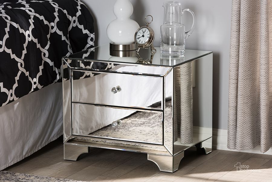 The appearance of Dev Silver End Table designed by Sterling Designs in the glam interior design. This silver piece of furniture  was selected by 1StopBedrooms from Dev Collection to add a touch of cosiness and style into your home. Sku: RXF-782. Product Type: End Table. Material: MDF. Image1