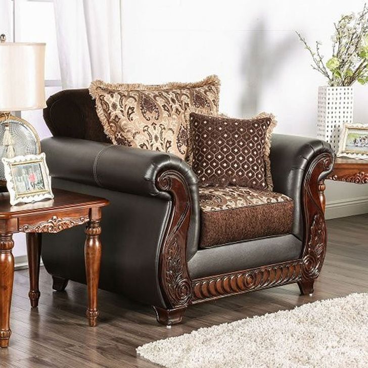 The appearance of Franklin Chair (Dark Brown) designed by Furniture of America in the traditional interior design. This two-tone color piece of furniture  was selected by 1StopBedrooms from Franklin Collection to add a touch of cosiness and style into your home. Sku: SM6106N-CH. Material: Fabric. Product Type: Living Room Chair. Image1