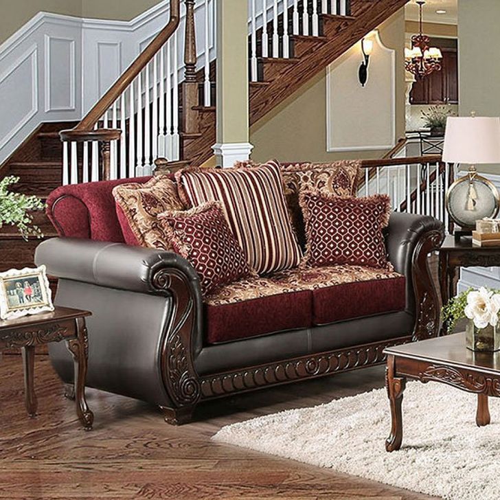 The appearance of Franklin Loveseat (Burgundy) designed by Furniture of America in the traditional interior design. This two-tone color piece of furniture  was selected by 1StopBedrooms from Franklin Collection to add a touch of cosiness and style into your home. Sku: SM6107N-LV. Material: Fabric. Product Type: Loveseat.