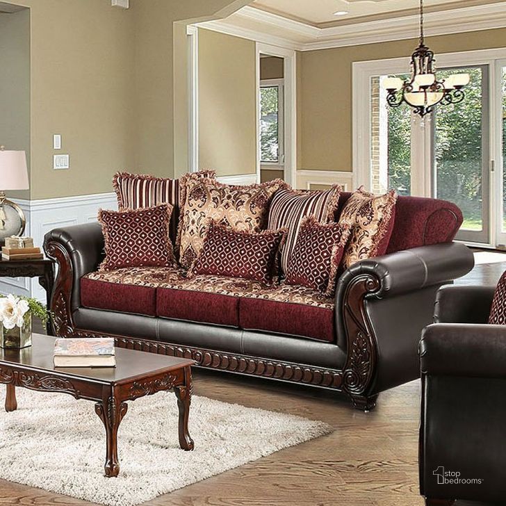 The appearance of Franklin Sofa (Burgundy) designed by Furniture of America in the traditional interior design. This two-tone color piece of furniture  was selected by 1StopBedrooms from Franklin Collection to add a touch of cosiness and style into your home. Sku: SM6107N-SF. Material: Fabric. Product Type: Sofa.
