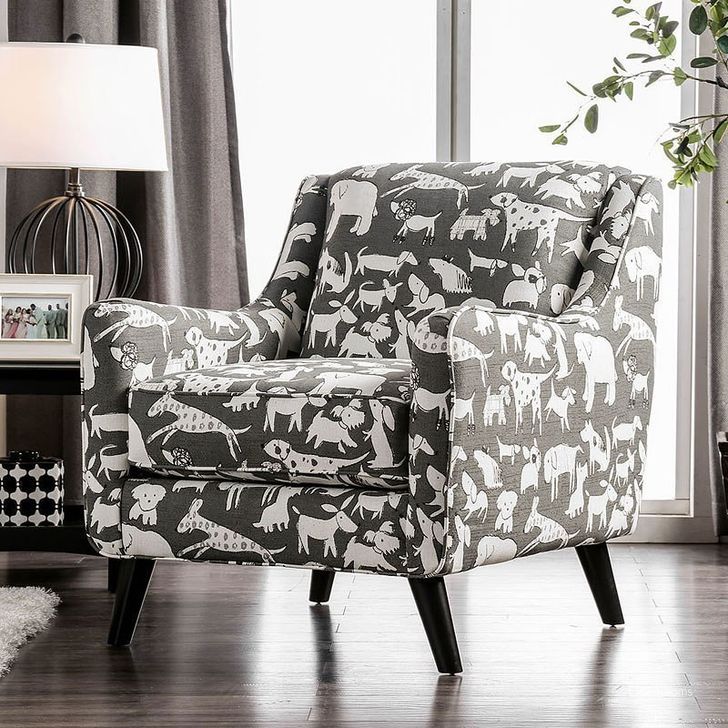 The appearance of Patricia Animal Pattern Chair designed by Furniture of America in the transitional interior design. This mixed piece of furniture  was selected by 1StopBedrooms from Patricia Collection to add a touch of cosiness and style into your home. Sku: SM8171-CH-DG. Material: Fabric. Product Type: Living Room Chair. Image1