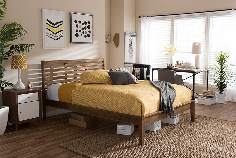 The appearance of Baxton Studio Daylan Mid-Century Modern Solid Walnut Wood Slatted Queen Size Platform Bed designed by Baxton Studio in the modern / contemporary interior design. This walnut piece of furniture  was selected by 1StopBedrooms from Daylan Collection to add a touch of cosiness and style into your home. Sku: SW8016-Walnut-M17-Queen. Bed Type: Platform Bed. Product Type: Platform Bed. Bed Size: Queen. Material: Rubberwood. Image1