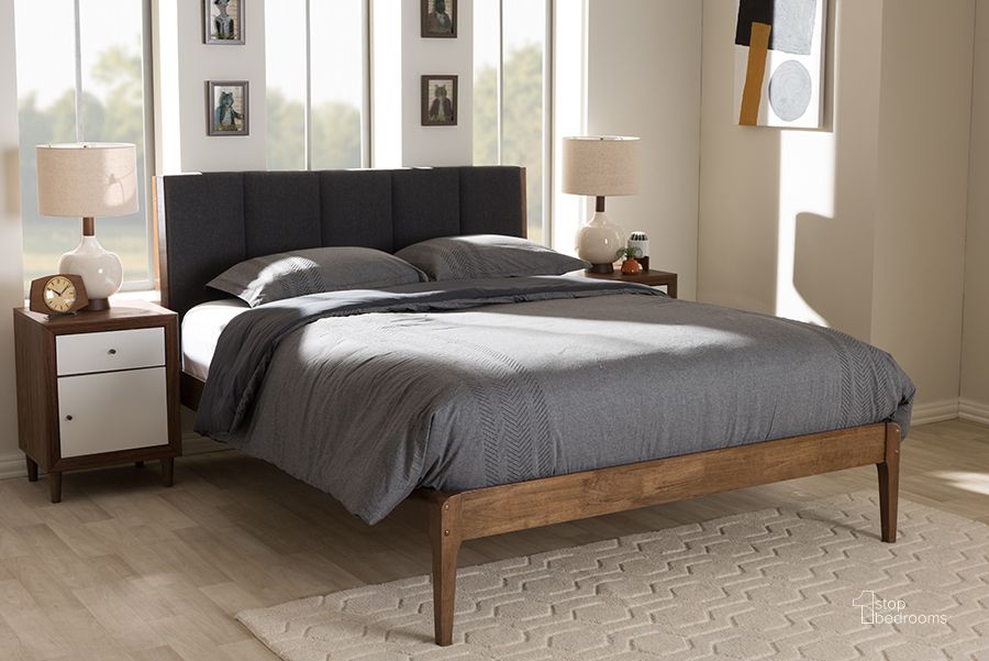 The appearance of Baxton Studio Ember Mid-Century Dark Grey Fabric And Medium Brown Finish Wood Queen Size Platform Bed designed by Baxton Studio in the transitional interior design. This grey piece of furniture  was selected by 1StopBedrooms from Ember Collection to add a touch of cosiness and style into your home. Sku: SW8063-Grey/Walnut-M7-Queen. Bed Type: Platform Bed. Material: Fabric. Product Type: Platform Bed. Bed Size: Queen. Image1