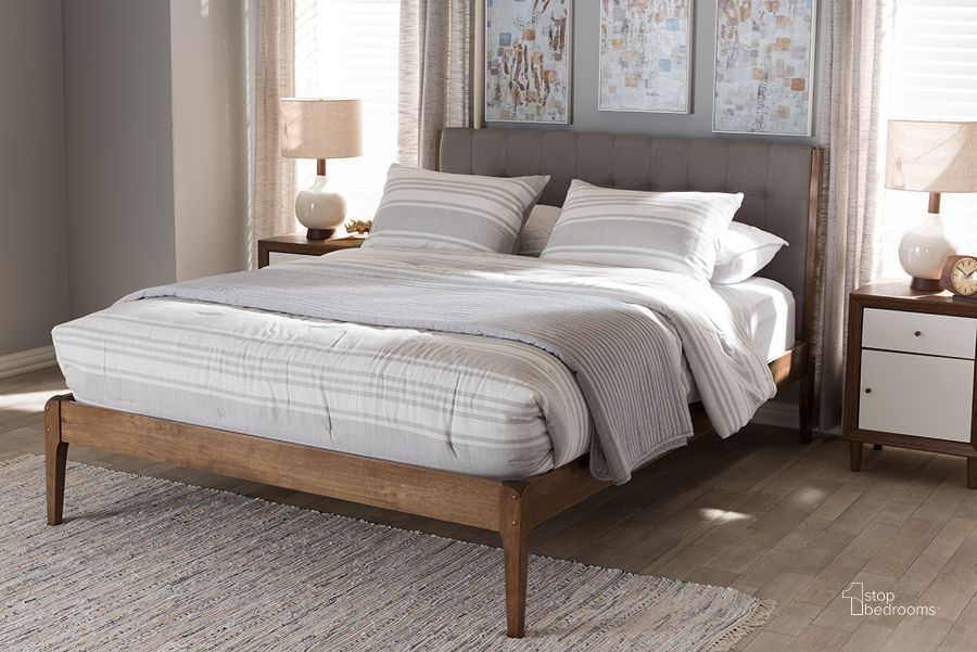 The appearance of Baxton Studio Clifford Mid-Century Light Grey Fabric And Medium Brown Finish Wood Full Size Platform Bed designed by Baxton Studio in the transitional interior design. This light grey piece of furniture  was selected by 1StopBedrooms from Clifford Collection to add a touch of cosiness and style into your home. Sku: SW8065-Light Grey/Walnut-M7-Full. Bed Type: Platform Bed. Material: Fabric. Product Type: Platform Bed. Bed Size: Full. Image1