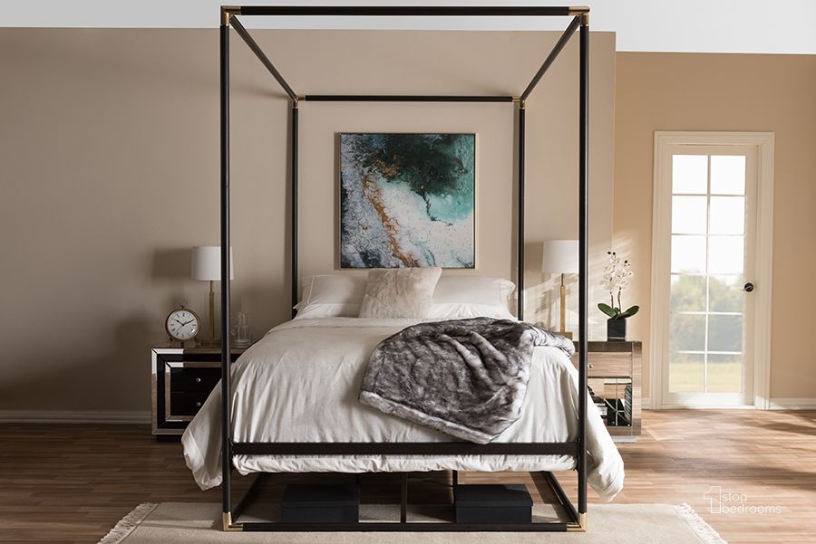 The appearance of Baxton Studio Eva Vintage Industrial Black Finished Metal Canopy Queen Bed designed by Baxton Studio in the rustic / southwestern interior design. This black piece of furniture  was selected by 1StopBedrooms from Eva Collection to add a touch of cosiness and style into your home. Sku: TS-Eva-Black-Queen. Bed Type: Canopy Bed. Material: Metal. Product Type: Canopy Bed. Bed Size: Queen. Image1
