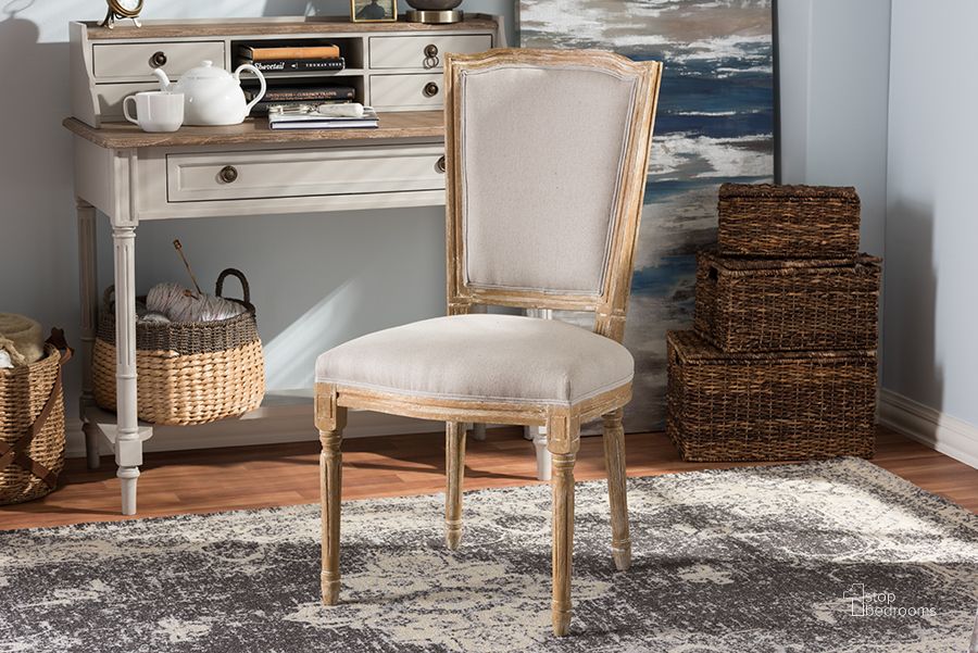 The appearance of Baxton Studio Cadencia French Vintage Cottage Weathered Oak Finish Wood And Beige Fabric Upholstered Dining Side Chair designed by Baxton Studio in the rustic / southwestern interior design. This beige piece of furniture  was selected by 1StopBedrooms from Cadencia Collection to add a touch of cosiness and style into your home. Sku: TSF-9341B-Beige-DC. Material: Fabric. Product Type: Dining Chair. Image1
