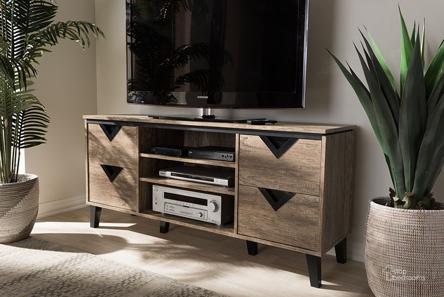 The appearance of Baxton Studio Beacon Modern And Contemporary Light Brown Wood 55-Inch Tv Stand designed by Baxton Studio in the modern / contemporary interior design. This light brown piece of furniture  was selected by 1StopBedrooms from Beacon Collection to add a touch of cosiness and style into your home. Sku: W-1516. Material: Wood. Product Type: TV Stands and TV Console. Image1