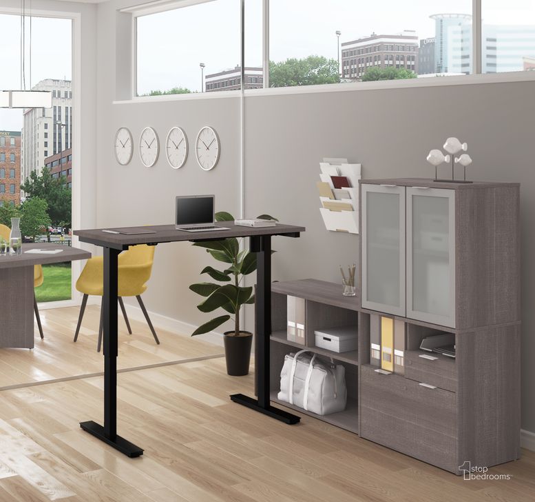 The appearance of I3 Plus Height Adjustable L-Desk With Frosted Glass Door Hutch In Bark Gray designed by Bestar in the modern / contemporary interior design. This bark gray piece of furniture  was selected by 1StopBedrooms from I3 Plus Collection to add a touch of cosiness and style into your home. Sku: 160886-47. Material: Wood. Product Type: Desk. Image1