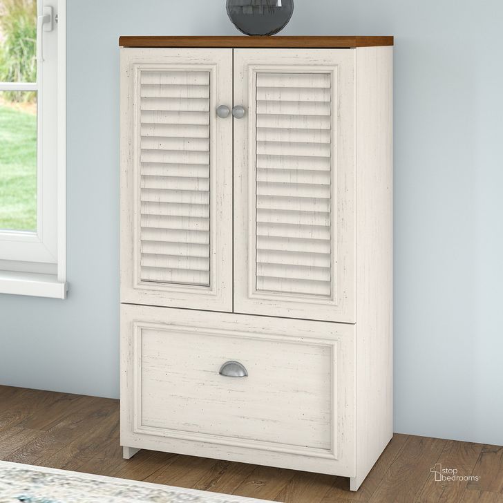 The appearance of Fairview Storage Cabinet with Drawer in Antique White and Tea Maple designed by Bush Furniture in the country / farmhouse interior design. This antique white piece of furniture  was selected by 1StopBedrooms from Fairview Collection to add a touch of cosiness and style into your home. Sku: WC53280-03. Product Type: Storage Cabinet. Image1